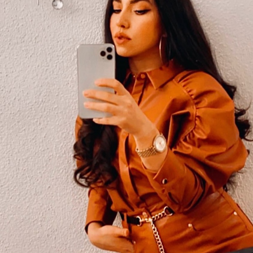 ZARA blogger tan leather puff sleeve button shirt - Picture 2 of 6